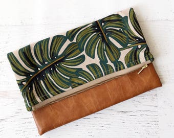 Palm Leaf Rifle Paper Co Canvas & Brown Faux Leather Foldover Clutch - Gift for her, Birthday, Anniversary, Bridesmaid