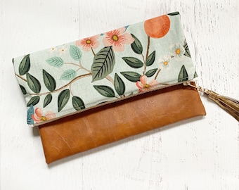 Mint Green Citrus Print Rifle Paper Co Canvas & Brown Faux Leather Foldover Clutch - Gift for her, Birthday, Anniversary, Bridesmaid