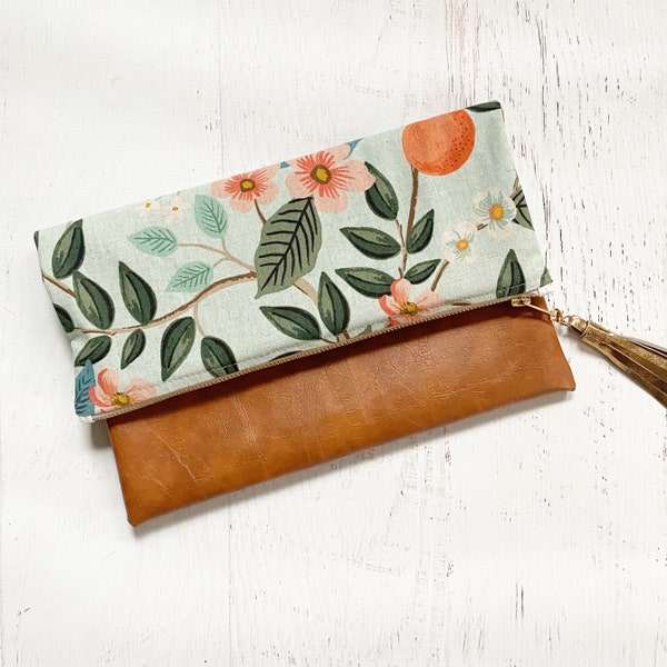 Mint Green Citrus Print Rifle Paper Co Canvas & Brown Faux Leather Foldover Clutch - Gift for her, Birthday, Anniversary, Bridesmaid