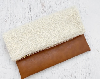 Faux Shearling & Brown Faux Leather Foldover Clutch - Gift for her, Birthday, Anniversary, Bridesmaid, Fall