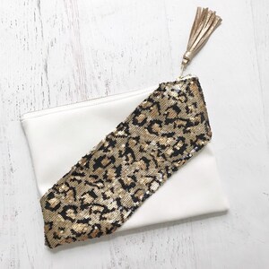 Cross Strap Sequin Leopard Print & White Faux Leather Clutch - Gift for her, Birthday, Anniversary, Bridesmaid