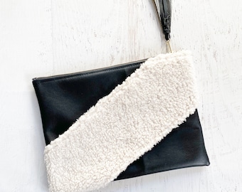 Cross Strap Sherpa & Black Faux Leather Clutch - Gift for her, Birthday, Anniversary, Bridesmaid