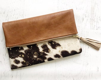 Faux Calf Hair with Metallic Splatter & Brown Faux Leather Reversible Foldover Clutch - Gift for her, Birthday, Anniversary, Bridesmaid