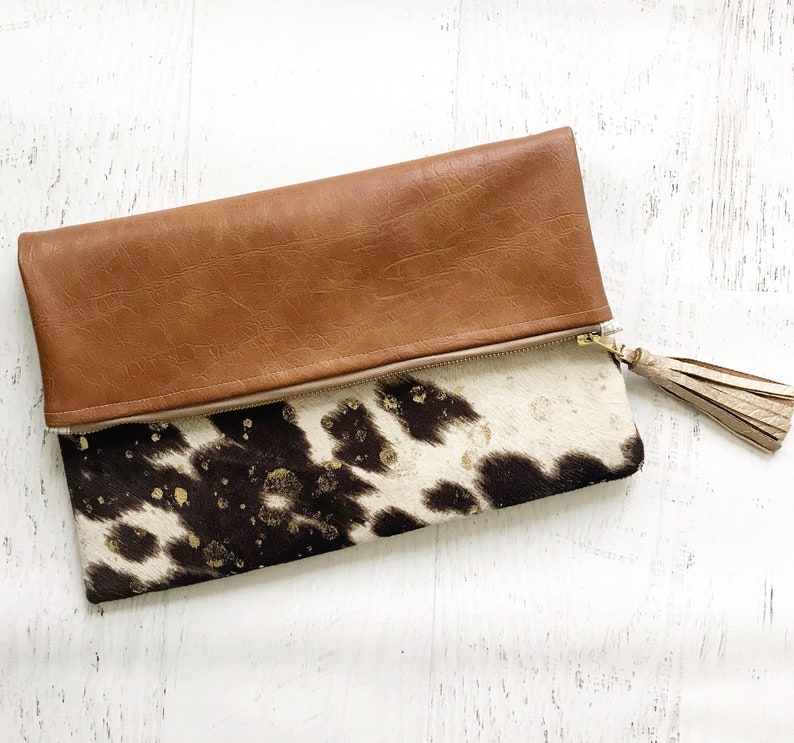 Faux Calf Hair with Metallic Splatter & Brown Faux Leather Reversible Foldover Clutch Gift for her, Birthday, Anniversary, Bridesmaid image 1