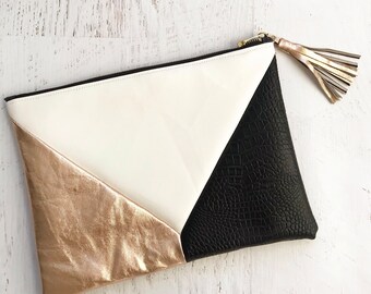 Metallic Geometric White, Rose Gold Leather & Black Faux Leather Clutch - Gift for her, Birthday, Anniversary, Bridesmaid