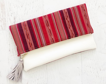 Bande tissée à la main - Pochette en cuir faux blanc - Cadeau pour elle, Anniversaire, Anniversaire, Demoiselle d’honneur