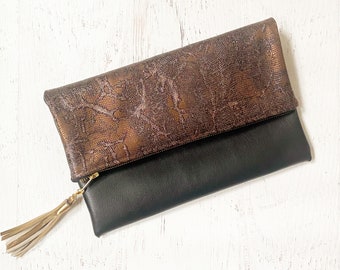 Metallic Textured Bronze Leather & Black Faux Leather Reversible Foldover Clutch - Gift for her, Birthday, Anniversary, Bridesmaid