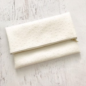Faux White Ostrich Leather Foldover Clutch - Gift for her, Birthday, Anniversary, Bridesmaid