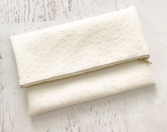 Faux White Ostrich Leather Foldover Clutch - Gift for her, Birthday, Anniversary, Bridesmaid