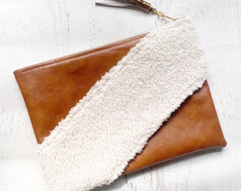 Cross Strap Sherpa & Brown Faux Leather Clutch - Gift for her, Birthday, Anniversary, Bridesmaid