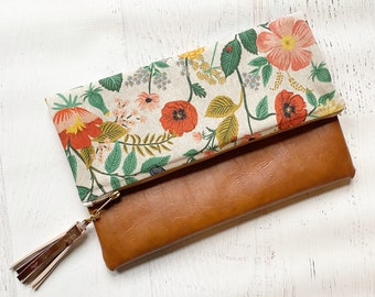 Floral Print Rifle Paper Co Canvas & Brown Faux Leather Foldover Clutch - Gift for her, Birthday, Anniversary, Bridesmaid