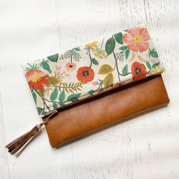 Floral Print Rifle Paper Co Canvas & Brown Faux Leather Foldover Clutch - Gift for her, Birthday, Anniversary, Bridesmaid