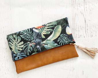 Tropical Toucan Canvas & Brown Faux Leather Foldover Clutch - Gift for her, Birthday, Anniversary, Bridesmaid