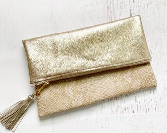 Light Tan Snake Print & Metallic Gold Faux Leather Foldover Clutch - Gift for her, Birthday, Anniversary, Bridesmaid