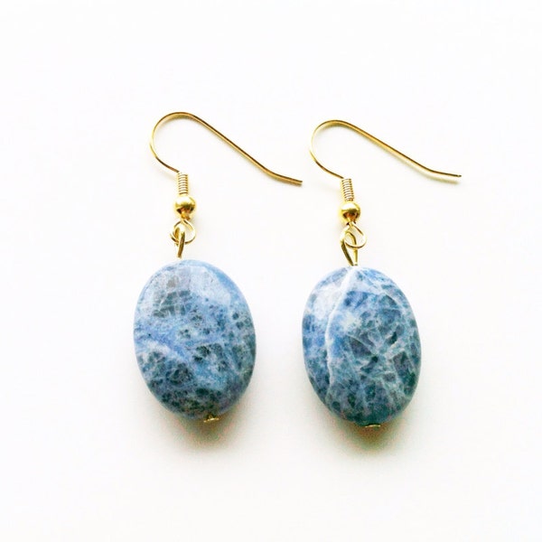 Crackled Blue Stone Drop Earrings on Gold Plated Earring Rods