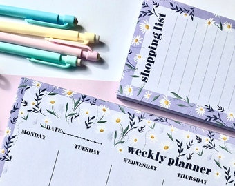 Daisy Floral Weekly Planner and Shopping List Set- A4 & DL Recycled Paper Notepads - Lilac Purple Back to Work School Stationery