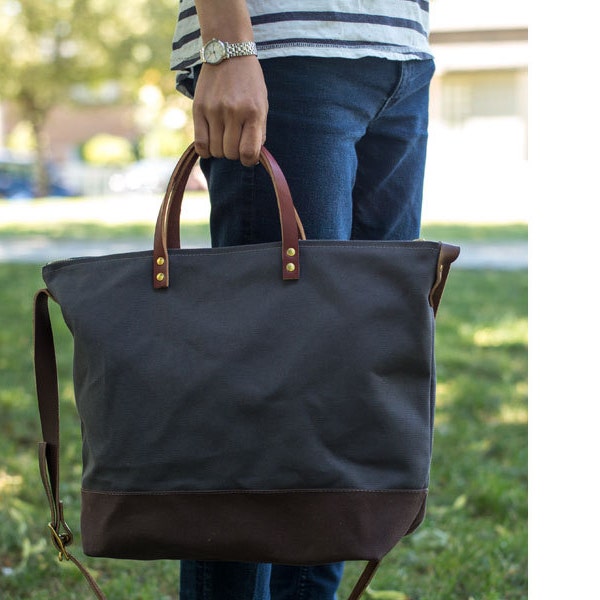 UTILITY TOTE | Modern Diaper Bag | Laptop Bag | Waxed Canvas Leather Bag With Zipper | 4 Pockets | Crossbody Strap | Grey | Ready to Ship