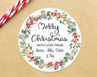Personalised Berry Wreath Christmas Stickers: Gift Label