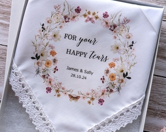 For your happy tears printed hankerchief, Meadow Flowers, Bride Gift, Personalised wedding gift for parents