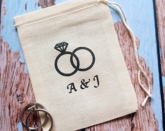 Personalised wedding muslin ring bag. Ring pillow alternative, ring bearer accessory, ring warming ceremony.