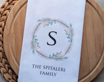 Personalised Christmas Tea Towel - Green & Gold Wreath