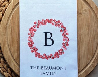 Personalised Christmas Tea Towel - Red Berry Wreath