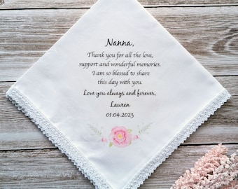 Grandma / Nanna Printed Wedding Handkerchief.  Wedding Keepsake, includes free gift envelope