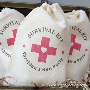 Survival Kit Personalised Muslin Favour Bags.  Hens Night, Bachelorette, Hens Party, Hangover Kit, Party Bags, Recovery Kit.