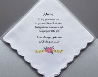Mother of the Bride Handkerchief, Pink Flower, Personalised Wedding Keepsake