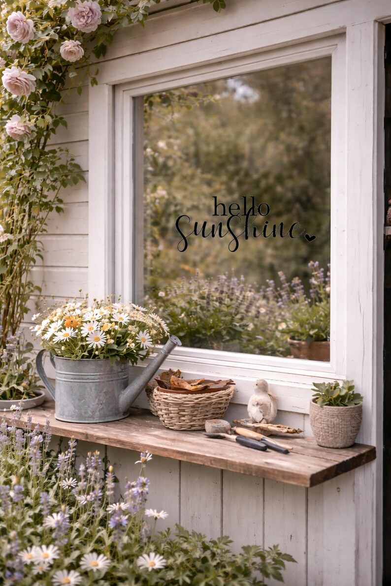 May include: A rustic outdoor scene featuring a window with the text "hello Sunshine". A galvanized metal watering can holds daisies. A wooden shelf displays a woven basket, a bird figurine, and potted plants. Roses and lavender add color.