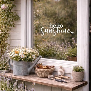 May include: A rustic window display with a wooden shelf holding a galvanized watering can filled with daisies, a woven basket, and a small bird figurine. The window has the text "hello Sunshine" and is surrounded by flowers.