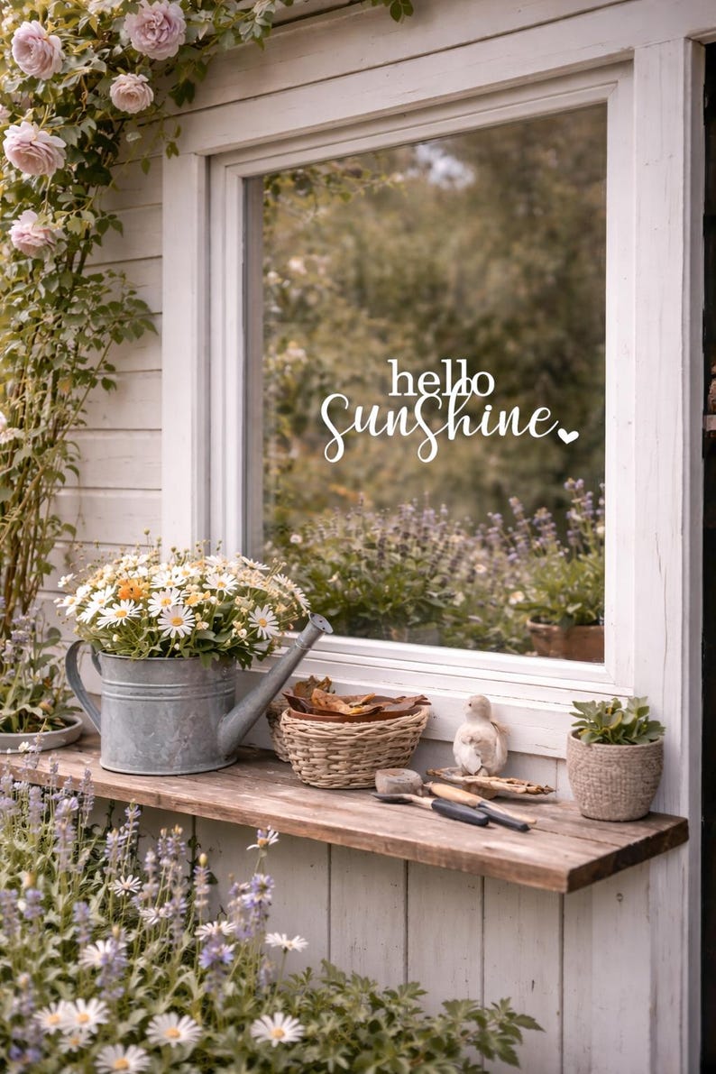 May include: A rustic window display with a wooden shelf holding a galvanized watering can filled with daisies, a woven basket, and a small bird figurine. The window has the text "hello Sunshine" and is surrounded by flowers.