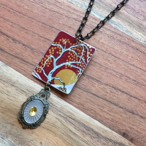 Vintage Moon Rising Asian Tin Pendant Necklace with Camphor Glass Filigree Dangle Recycled  Asian Tea Tin Asian Necklace