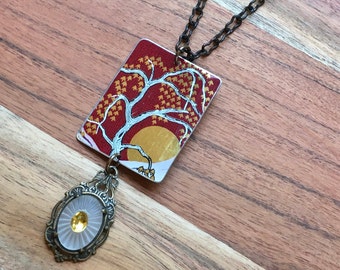 Vintage Moon Rising Asian Tin Pendant Necklace with Camphor Glass Filigree Dangle Recycled  Asian Tea Tin Asian Necklace