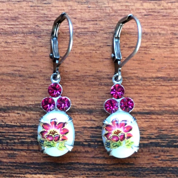 Vintage Fuchsia Floral Limoge with a Trio of Fuchsia Rhinestones Earrings Bright Pink Floral Cameo in Antique Silver Setting Spring Cameo