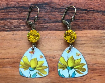 Vintage Gold Yellow Flower Tin with Citrine Yellow Earrings Recycled English Tin Charms Unique Boho Fall Earrings