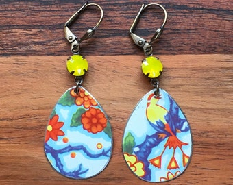 Vintage Floral Bird Tin with Yellow Opal Tropical Bird Recycled Tea Tin Earrings Bright Colorful Earrings