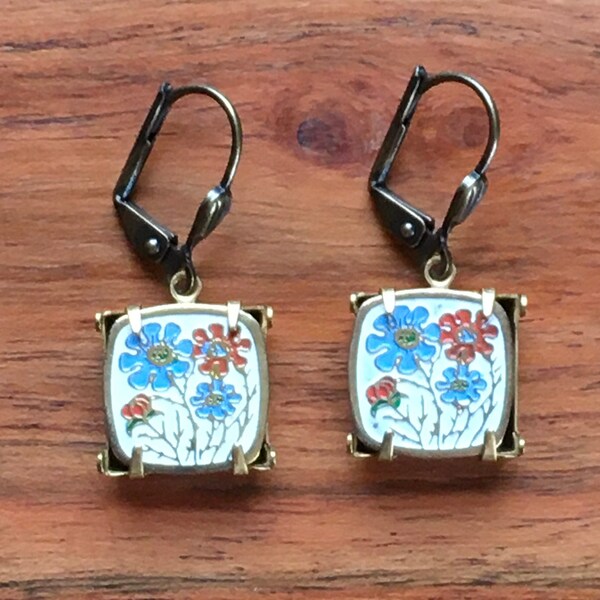 Vintage Japanese Floral Cloisonné Square Enamel Earrings Red and Baby Blue Daisies on White Enamel and Brass Baguette Setting Floral Boho