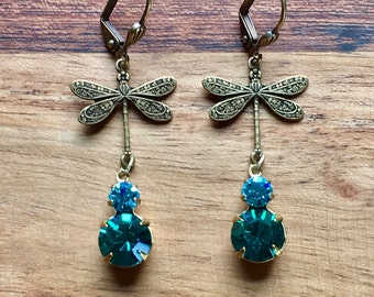 Ornate Vintage Style Brass Ox Dragonfly Connector and Vintage Swarovski Blue Zircon with Aquamarine Blue Crystal Drop Earrings