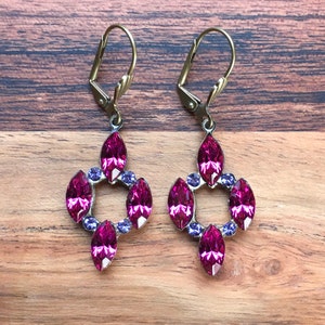 Vintage Swarovski Crystal Earrings Bright Fuchsia and Tanzanite Unique Setting with Pink and Blue- Purple Crystal Earrings