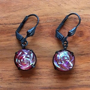 ULTRA RARE Ruby Red AB Embossed French Cabbage Rose Earring 1950 W German Artisan Glass Aged Noir Black Patina Setting Iridescent Glass