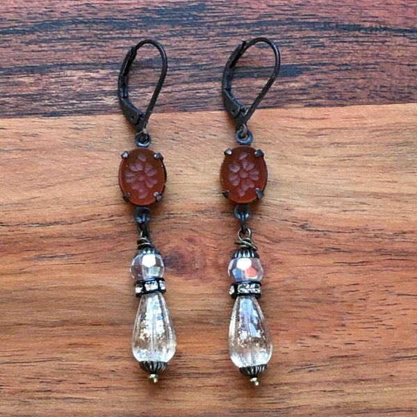 Vintage Art Deco Earrings Etched Floral Carnelian Glass w Gold Wash Crystal Beaded Assemblage Dangle Earrings Aged Black Patina Victorian