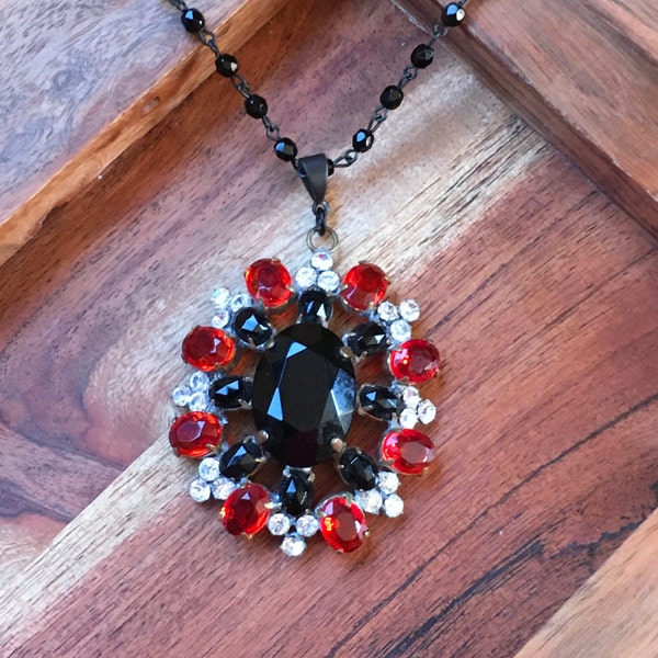 Vintage Czech Husar D Ruby Red and Jet Black Rhinestone Pendant Necklace Czech Beaded Aged Black Patina Chain Statement Rosary Necklace