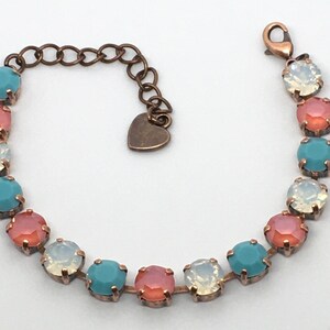 Western Boho Swarovski Crystal Adjustable Bracelet White Opal, Light Coral, and Turquoise Crystals in Antique Copper Setting Cowgirl