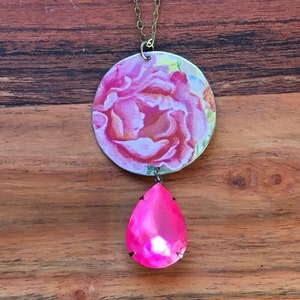 Vintage Pink Peony Rose Circle Tin with Frosted Neon Pink Teardrop Dangle Necklace Recycled Josephine Wall Puzzle Tin Pendant Love in Bloom