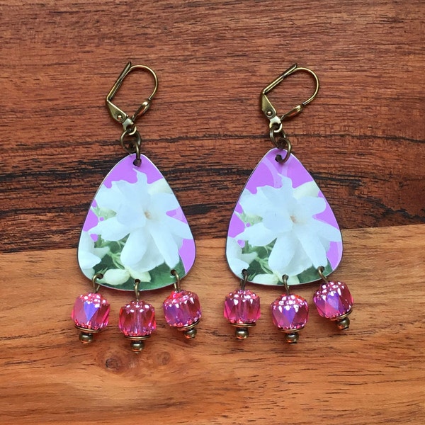 White Jasmine Flower & Green Foliage on Pink Background with a Trio of AB Hot Pink Cathedral Bead Dangles Upcycled Tea Tin Earrings