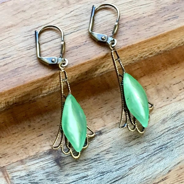 Vintage Frosted Peridot Glass Leaf and Filigree Earrings West German Frosted Glass and Scalloped Filigree Botanical Leaf Dangles