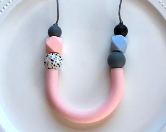 Pink Terrazzo Statement Necklace Geometric U Tube Silicone Beaded on Gray Satin Cord Lightweight Modern Romantic Pink Necklace