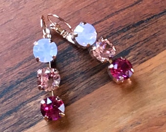 Rose Garden Triple 8 mm Swarovski Crystal Earrings in Rose Gold Rosewater Pink Opal, Light Rose and Fuchsia Mother’s Day Love Dangles