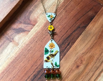 Vintage Bird and Flower Tin Pendant Necklace Recycled Asian Floral Tin Beige Bird Orange Yellow Flower Pewter Bird Necklace Boho Summer